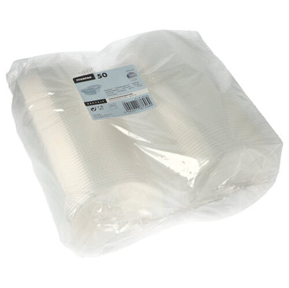Eine versiegelte Kunststoffverpackung mit 50 Starpak-Verpackungsbechern mit Klappdeckeln, PP, transparent, 8-eckig, jeder Becher mit Mengen- und Produktinformationen beschriftet.