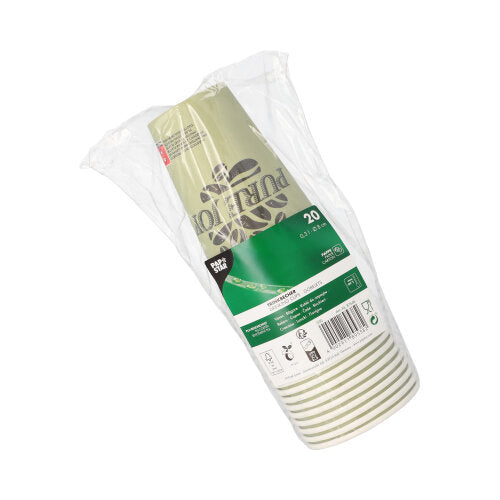 In einer versiegelten Kunststoffverpackung befinden sich 20 grüne PAPSTAR 0,3L Pappbecher (Ø 8cm, H 11,7cm) aus der Linie „Pure Freude“, mit Produktinfos und Barcodes auf dem Etikett der PAPSTAR GmbH.
