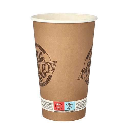 A PAPSTAR 20 ivópohár (0,4 l) barna, biológiailag lebomló kartonból a PAPSTAR GmbH-tól logókat és figyelmeztető szimbólumokat mutat, fehér belsővel rendelkezik, és fedél nélkül fehér háttér előtt van bemutatva.