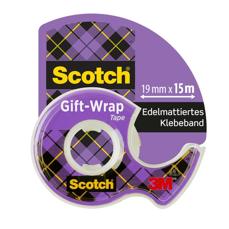 Egy tekercs Scotch® ajándék ragasztószalag kézi adagolóban, CAT 15 (19 mm x 15 m) a 3M Deutschland GmbH-tól, lila csomagolásban fekete-sárga argyle mintával és német szöveggel. Ideális ajándékcsomagoláshoz.