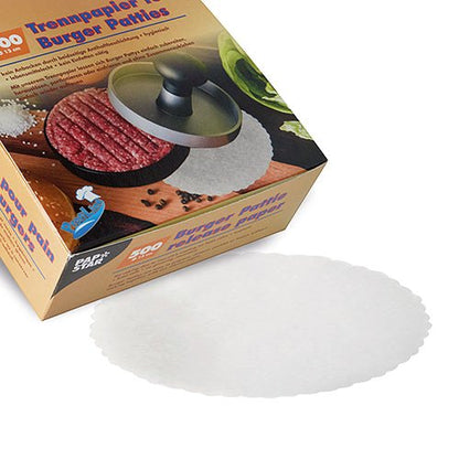 Egy doboz a "PAPSTAR Választópapírok burgerpogácsákhoz, Ø 13 cm, fehér | hajtogatott doboz (500 darab)" felirattal a PAPSTAR GmbH-tól kerek pergamenlapokat tartalmaz a burgerpogácsák elválasztásához. Egy pergamenkör van a doboz elején ábrázolva.