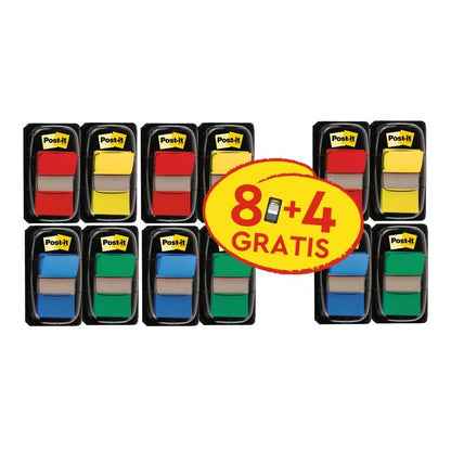 Tizenkét csomag 3M Post-it® Index jelölőcímke, standard (25,4 mm x 43,2 mm), különböző színekben, promóció: 8 adagoló + 4 ingyenes, egyenként 50 címke/adagoló - ideális hatékony dokumentumrendezéshez és jelölésekhez.