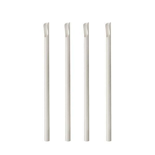 Négy fehér PAPSTAR papírból készült szívószál kanálvéggel (20 cm, Ø 8 mm, 100 darab) áll függőlegesen egy sorban fehér háttér előtt; minden szívószálnak ferdén vágott vége van.