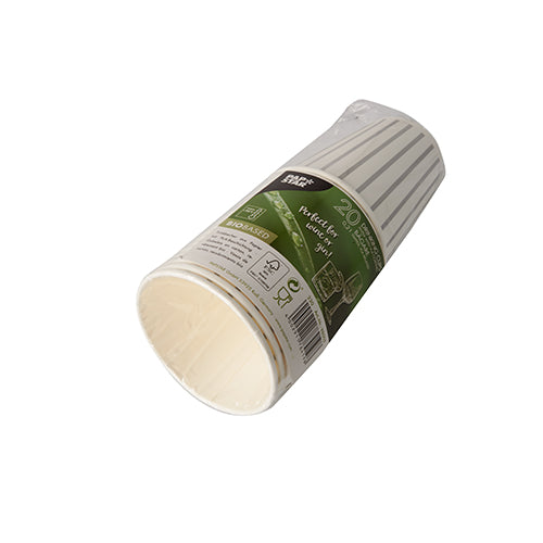 Egy 20 ivópohárból álló köteg, papír 0,2 l Ø 8 cm a PAPSTAR GmbH-tól műanyagba csomagolva, zöld címkével, termékinformációkkal és környezetvédelmi szimbólumokkal fehér háttéren.