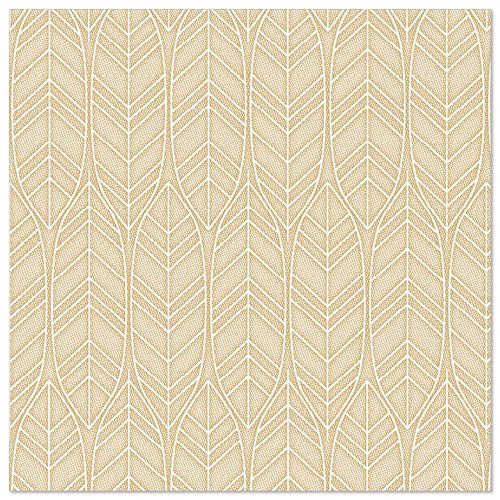 Egy homokszínű PAPSTAR GmbH ROYAL Collection szalvéta (40x40 cm, 1/4-hajtás) ismétlődő mintát mutat függőleges, stilizált levélkontúrokkal, amely az elegáns, magas minőségű szalvéták dizájnjára emlékeztet.