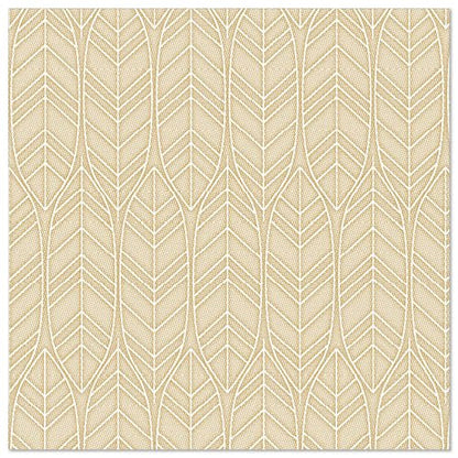 Egy homokszínű PAPSTAR GmbH ROYAL Collection szalvéta (40x40 cm, 1/4-hajtás) ismétlődő mintát mutat függőleges, stilizált levélkontúrokkal, amely az elegáns, magas minőségű szalvéták dizájnjára emlékeztet.