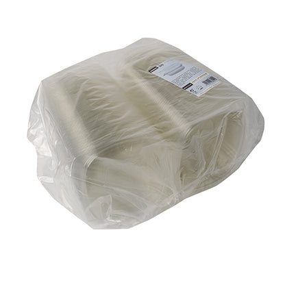 Egy nagy halom Starpak 50 finomság- és salátástálak felhajtható fedéllel, R-PET átlátszó ovális, átlátszó fóliába csomagolva, fehér címkével a tetején.