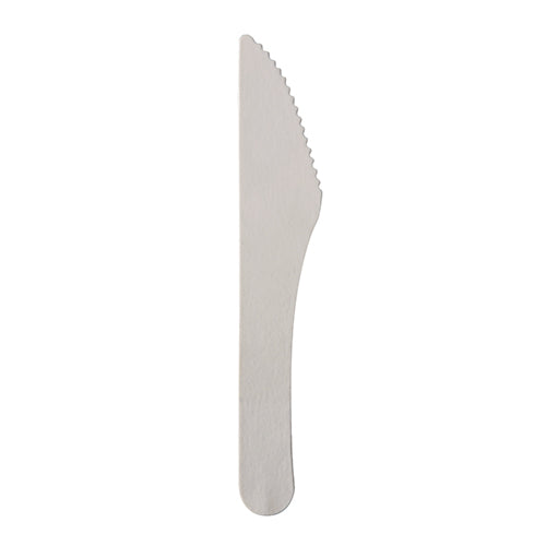 Ein umweltfreundliches und stabiles PAPSTAR Messer "pure" (15,8 cm, weiß) von PAPSTAR GmbH aus Holz mit flachem Griff und leicht gezackter Kante, präsentiert vor weißem Hintergrund. Verpackungseinheit: 100 Stück in Faltschachtel.
