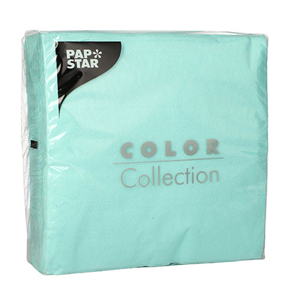 A képen egy lezárt csomag PAPSTAR 100 szalvéta, 1-rétegű 1/4-hajtás 33 cm x 33 cm a PAPSTAR GmbH-tól világostürkizkéken elölről, FSC tanúsítvánnyal és termékmegnevezéssel a fólián.