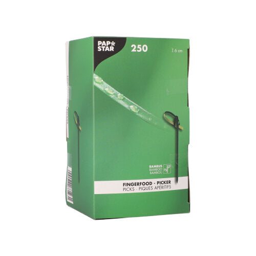 Eine grüne Box mit der Aufschrift „PAPSTAR GmbH“ enthält 250 umweltfreundliche, biologisch abbaubare Fingerfood-Picker (je 9 cm). Die PAPSTAR 250 Fingerfood-Picker Box zeigt Produktbilder und mehrsprachige Beschreibungen, darunter Englisch und Französisch.