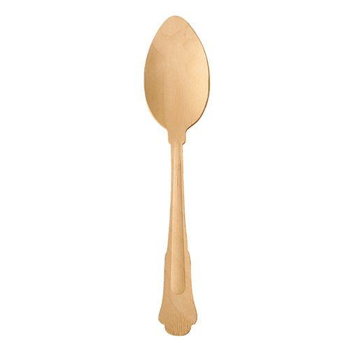 A PAPSTAR "pure" 19,5 cm-es fa kanál vintage dizájnnal, PAPSTAR GmbH, lekerekített tálkával és dekoratív nyéllel, függőlegesen áll egy egyszerű fehér háttér előtt. A szállítás 50 darabos csomagban, kartontálcán történik.