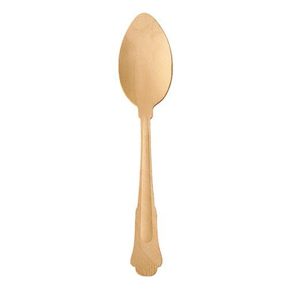A PAPSTAR "pure" 19,5 cm-es fa kanál vintage dizájnnal, PAPSTAR GmbH, lekerekített tálkával és dekoratív nyéllel, függőlegesen áll egy egyszerű fehér háttér előtt. A szállítás 50 darabos csomagban, kartontálcán történik.