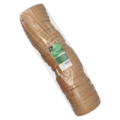 Egy halom barna PAPSTAR "pure" fedél salátástálakhoz (15 cm, kerek, 50 darab) átlátszó műanyagba van csomagolva egy zöld-fehér címkével, amely a PAPSTAR GmbH környezetbarát csomagolását hangsúlyozza.