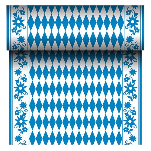 A PAPSTAR Airlaid "Bayrisch Blau" (24 m x 40 cm) asztali futó az PAPSTAR GmbH-tól egy szövethez hasonló asztali futó kék-fehér rombusz középpel és kék virágos szegéllyel. A tekercs letekerésekor a bajor mintázata ismétlődik.
