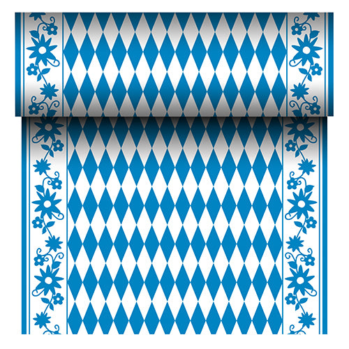 Der PAPSTAR Tischläufer Airlaid "Bayrisch Blau" (24 m x 40 cm) der PAPSTAR GmbH ist ein stoffähnlicher Tischläufer mit blau-weißer Rautenmitte und blauer Blumenbordüre. Die Rolle zeigt beim Abrollen ihr sich wiederholendes bayerisches Muster.