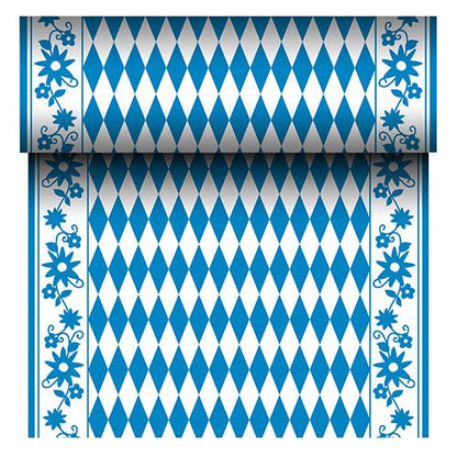 A PAPSTAR Airlaid "Bayrisch Blau" (24 m x 40 cm) asztali futó az PAPSTAR GmbH-tól egy szövethez hasonló asztali futó kék-fehér rombusz középpel és kék virágos szegéllyel. A tekercs letekerésekor a bajor mintázata ismétlődik.