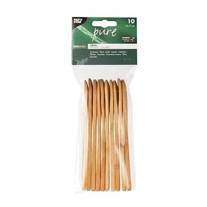 Egy csomag 10 PAPSTAR bambuszkanál "pure", mindegyik 16,5 cm, környezetbarát és stabil, világosbarna színben zöld-fehér címkével a PAPSTAR GmbH-tól.