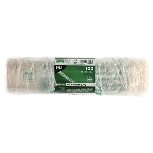 Egy tekercs 100 PAPSTAR darab ingvállas hordtáska átlátszó biofóliából (csomózsák) fóliába csomagolva, zöld és fehér címkével, termék részletekkel és környezetbarát szimbólumokkal.