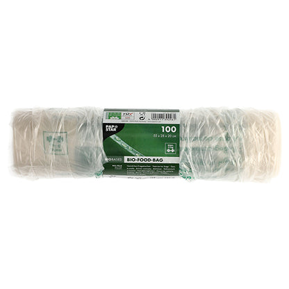 Egy tekercs 100 PAPSTAR darab ingvállas hordtáska átlátszó biofóliából (csomózsák) fóliába csomagolva, zöld és fehér címkével, termék részletekkel és környezetbarát szimbólumokkal.