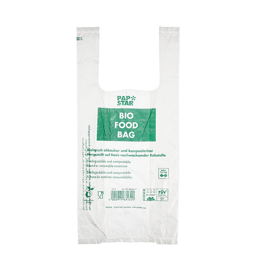 Egy átlátszó biofólia zacskó „BIO FOOD BAG” felirattal zöld szöveggel a PAPSTAR GmbH-tól. Ez a környezetbarát ingvállas hordtáska biológiailag lebomló, komposztálható és 100 csomózsákos tekercsben kapható.
