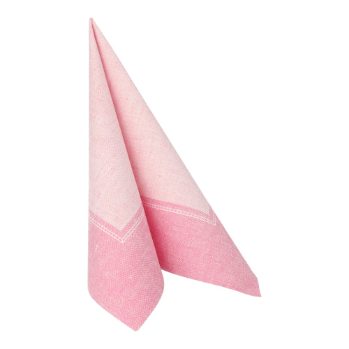 Egy hajtogatott PAPSTAR 50 "ROYAL Collection" szalvéta, 1/4-hajtás, 40 x 40 cm rózsaszín szalvéta a PAPSTAR GmbH-tól, rózsaszín világosabb szegéllyel, fehér alapon álló helyzetben.