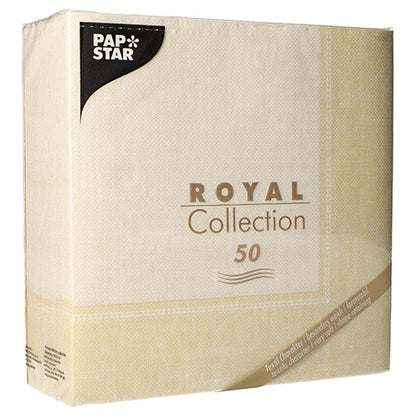 Eine Packung mit 50 PAPSTAR GmbH "ROYAL Collection" Servietten, 40x40 cm, 1/4-fach gefaltet, in der Farbe Champagner mit eleganter beiger Verpackung und goldenem und schwarzem Text.