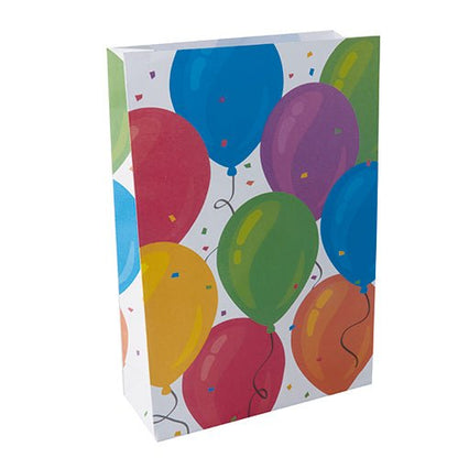 A PAPSTAR GmbH 10 partikellős ajándéktáskái téglalap alakú papírzacskók, fehér alapon színes lufikkal és konfettimintával díszítve – ideálisak minden ünnepre.