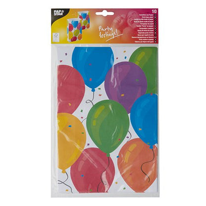 Egy 10 darabos PAPSTAR partikellős csomag a PAPSTAR GmbH-tól, papírból készült, színes lufikkal és konfettivel díszítve – a tetején „Partyfeeling!” felirattal – ideális minden ünnepre.