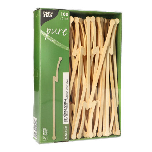 Eine grüne Box mit der Aufschrift „PAPSTAR pure“ der PAPSTAR GmbH enthält 100 Getränkerührer aus Bambus mit einer Länge von jeweils 12 cm. Die biologisch abbaubaren Rührer sind durch ein Sichtfenster auf der Vorderseite der Verpackung sichtbar.