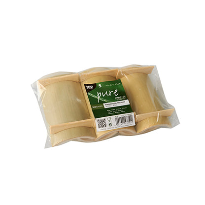 Öt darabos négyzet alakú PAPSTAR bambusz "pure" fingerfood tál szett, mindegyik 10x5,7 cm, zöld címkés fóliacsomagolásban a PAPSTAR GmbH-tól - ideális szószokhoz és snackekhez.