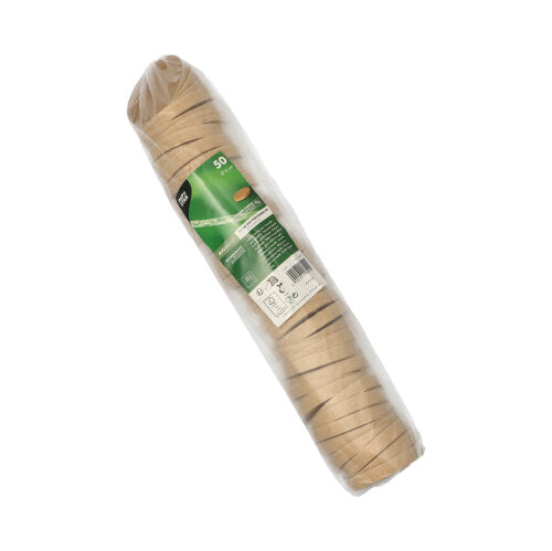 Egy 50 barna, kerek PAPSTAR GmbH-fedéllel (Ø 6 cm) ellátott adagolópohár csomagolása van egymásra rakva, és egy zöld címkével van ellátva, amely információkat tartalmaz. Termék: PAPSTAR fedél adagolópoharakhoz, barna.