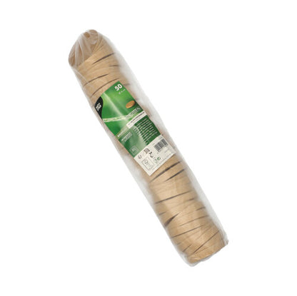 Egy 50 barna, kerek PAPSTAR GmbH-fedéllel (Ø 6 cm) ellátott adagolópohár csomagolása van egymásra rakva, és egy zöld címkével van ellátva, amely információkat tartalmaz. Termék: PAPSTAR fedél adagolópoharakhoz, barna.