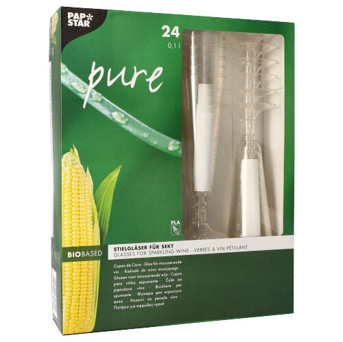 Eine grün-gelbe 24er Schachtel PAPSTAR Sektgläser "pure" (16,5cm, klar, eleganter Fuß) von PAPSTAR GmbH. Die Verpackung zeigt Mais-Grafiken, gestapelte Gläser und mehrsprachige Produktinformationen.