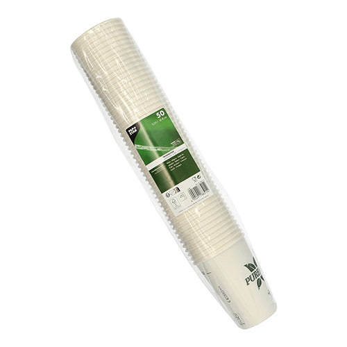 Egy csomag 50 fehér PAPSTAR Pure Joy papírpohárból (Ø 8 cm, 10,8 cm magas), amelyet a PAPSTAR GmbH készít, átlátszó műanyagba csomagolva, zöld-fehér címkével, amely tartalmazza a termék adatait és a márkanevet.