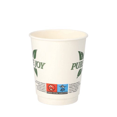 A PAPSTAR dupla falú ivópohár (8 cm, fehér, "Tiszta öröm") a PAPSTAR GmbH-tól zöld levélmintával, öko-szimbólumokkal az alján, környezetbarát választékot kínál a 20 darabos csomagban.