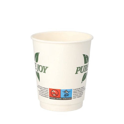 A PAPSTAR dupla falú ivópohár (8 cm, fehér, "Tiszta öröm") a PAPSTAR GmbH-tól zöld levélmintával, öko-szimbólumokkal az alján, környezetbarát választékot kínál a 20 darabos csomagban.