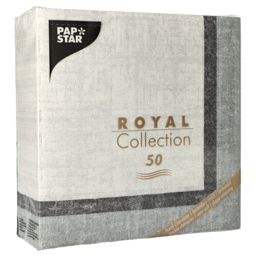 A "ROYAL Collection" csomag a PAPSTAR GmbH-tól 50 kiváló minőségű szalvétát tartalmaz (40 x 40 cm, 1/4 hajtás) túlnyomórészt fehér és szürke csomagolásban, arany és fekete felirattal díszítve.