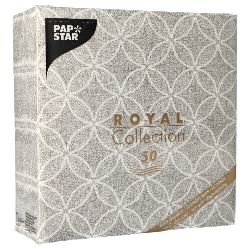 Egy négyzet alakú csomag PAPSTAR 50 szalvéta "ROYAL Collection" 1/4-hajtás 40 x 40 cm szürke a PAPSTAR GmbH-tól, kiváló minőségű szürke szalvétákkal a Royal Collection-ből.
