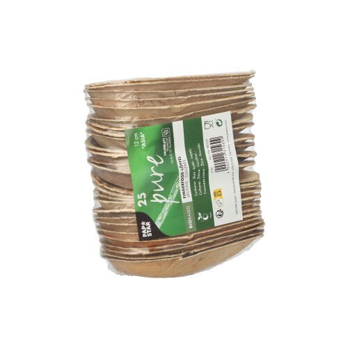 Egy 25 darabos PAPSTAR falatka kanál pálmalevélből, 12 cm "Ázsia" dizájn, zsugorfóliában zöld-fehér címkével, amelyen a méret, a mennyiség, a környezetbarát szimbólumok és a biológiai lebomlást jelző felirat található. Márka: PAPSTAR GmbH.