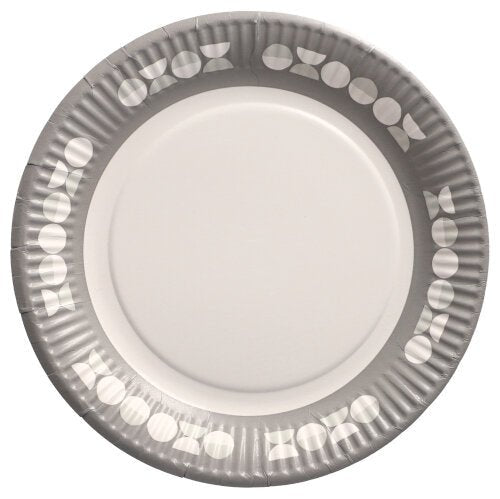A PAPSTAR GmbH 10 darabos tányérkészlete, kerek papír Ø 23 cm, szürke széllel, fehér körökkel és háromszögekkel, valamint fehér középpel. Ez a használatlan eldobható tányér ideális partikra és rendezvényekre, és felülről lett fényképezve.