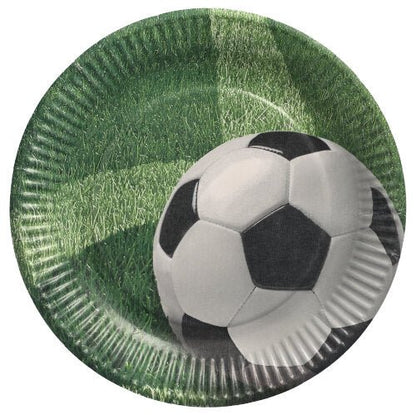 A PAPSTAR 10 darabos tányérkészlet, kerek papír Ø 23 cm a PAPSTAR GmbH-tól ideális eldobható tányér partikra, fekete-fehér focilabdával zöld füvön és bordázott szélekkel a sportos megjelenésért.