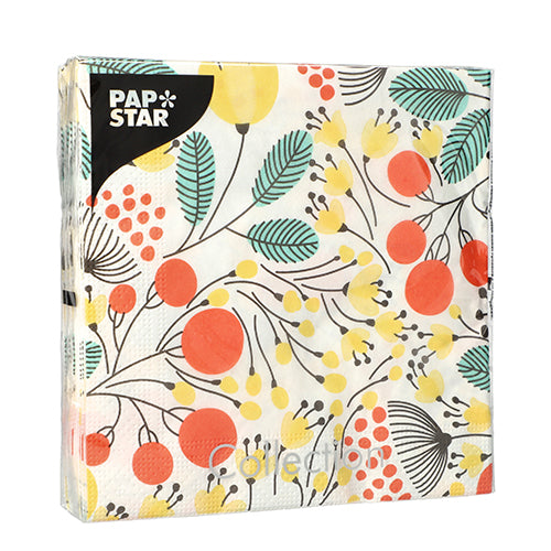 PAPSTAR GmbH 20 szalvéta, 33x33 cm, 3 rétegű, 1/4 hajtogatás, Design Set 1: botanikus bogyó- és levélminta "PAPSTAR" logóval a bal felső sarokban fekete címkén.