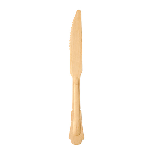 Egy PAPSTAR fa kés "pure" 20,5 cm a PAPSTAR GmbH-tól fehér háttér előtt áll, és mutatja a hullámos élét, a lapos markolatát és a visszafogott vintage dizájnt; itt a készlet hat késéből az egyik.