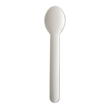 Egy fehér háttér előtt egy környezetbarát, fehér PAPSTAR papírkanál "pure" (15,5 cm, 20 darab) látható a PAPSTAR GmbH-tól.