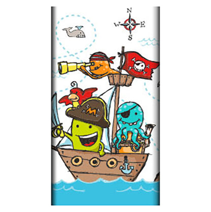 Cartoon-Piratenschiff mit fröhlichen Meeresbewohnern, darunter eine gelbe Figur, ein roter Vogel und ein blauer Oktopus. Mit Wal und Kompass – ideal als PAPSTAR Tischdecke, Papier (120 x 180 cm) von der PAPSTAR GmbH für stilvolle Tischdekoration.