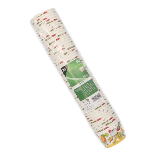 Egy 50 darabos PAPSTAR kerek papír fagylaltos kehely a PAPSTAR GmbH-tól fóliába csomagolva. Színes gyümölcs- és zöldségmotívumok az alsó szélén tökéletessé teszik őket desszertekhez, mint például fagylaltos kelyhek.