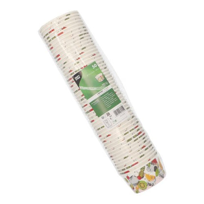 A 50 kerek papír fagylaltos kehely a PAPSTAR GmbH-tól műanyag csomagolásban zöld címkével, illusztrált zöldségmotívumokkal - tökéletes egyszer használatos papírtálak desszertekhez vagy fagylaltos kelyhekhez a következő összejövetelén.