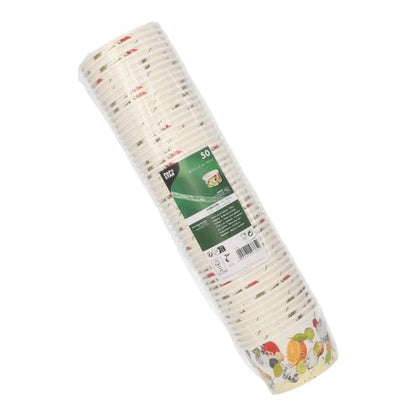 A PAPSTAR 50 kerek papír fagylaltos kehely a PAPSTAR GmbH-tól lezárt csomagolásban, gyümölcs- és zöldségmotívummal, ideális fagylalt tálalásához. A zöld termékcímke jól látható a csomagoláson.