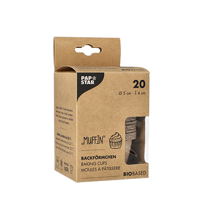 A PAPSTAR 20 muffin sütőforma (5 cm Ø, 4 cm magas) frissrostokból és kakaóhéjból készül. Ablakos dobozba csomagolva, többnyelvű információs anyaggal. Márka: PAPSTAR GmbH.
