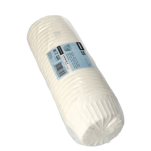 Egy csomag 25 fehér Starpak leveses pohár "To Go", PP, 500 ml, Ø 11,5 cm, átlátszó műanyag csomagolásban kék-fekete címkével.